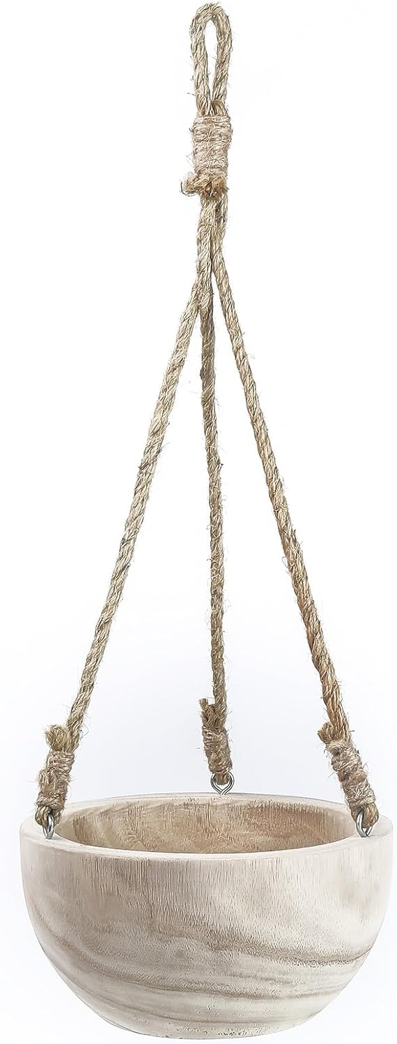 CYS EXCEL Large Wooden Hanging Planter Paulownia Wood Bowl Basket with Jute Rope for Indoor Plants Succulents