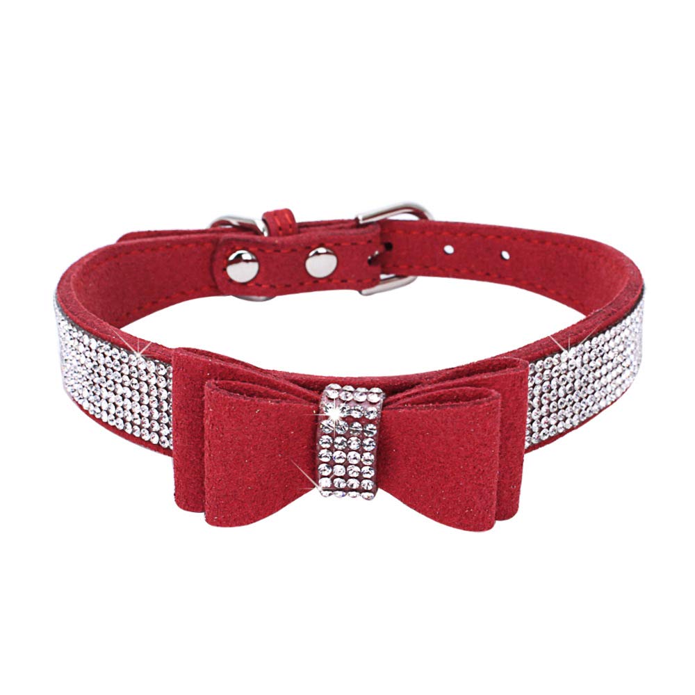 Bling Dog Collar With Bow Tie Rhinestone Diamante Leather Puppy Cat collar Adjustable for Xxs Xsmall Small Medium Big Breed Girl Female Chihuahua Red Xs