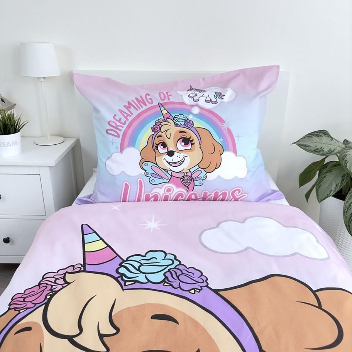 Jerry Fabrics PAW Patrol Biancheria da letto per bambini I Believe in Unicorns - Skye Unicorno Nuvola Arcobaleno Copripiumino 140 x 200 + Cuscino 70 x 90 cm 100% Cotone