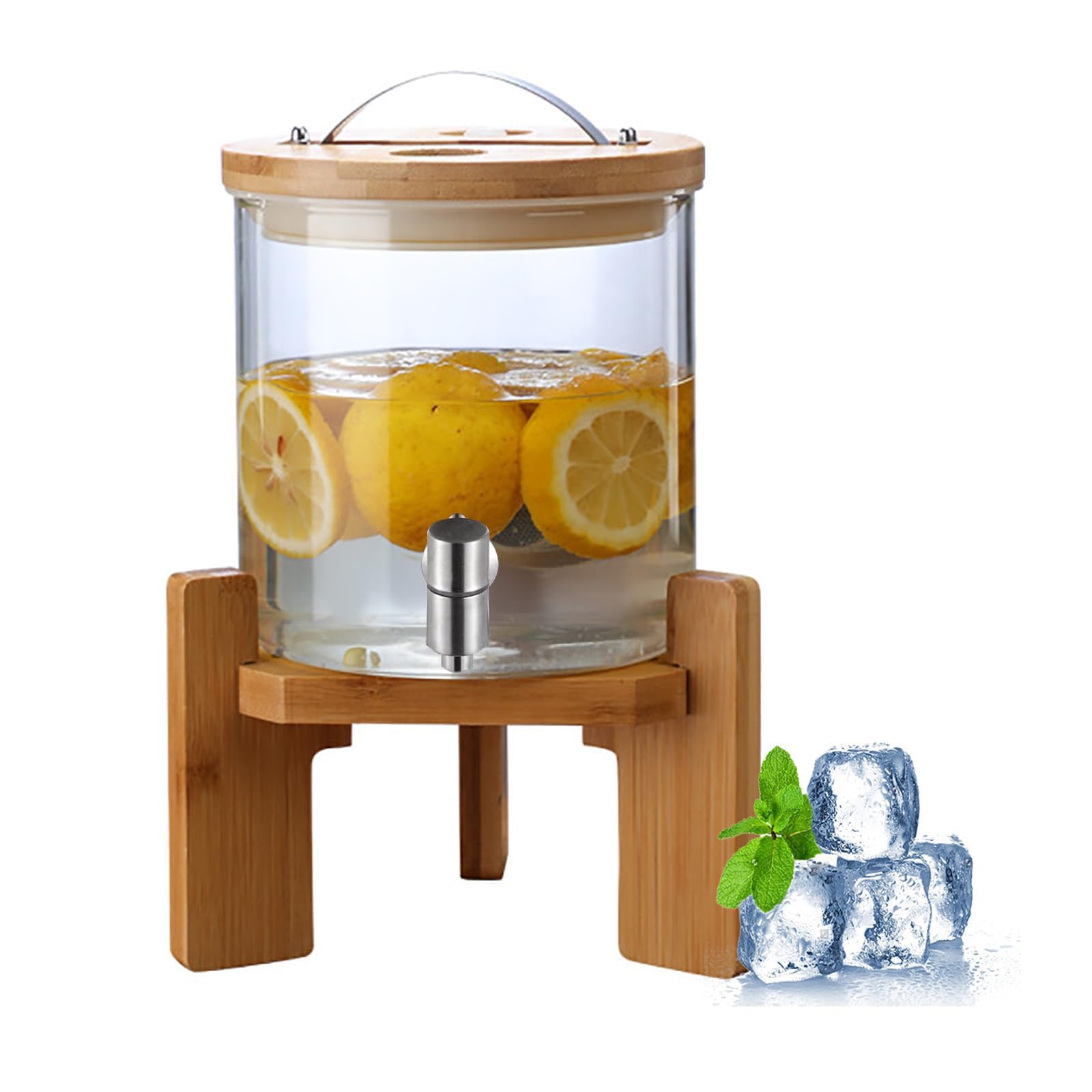 Distributeur de boissons en verre 5L avec robinet et socle bois pour fête