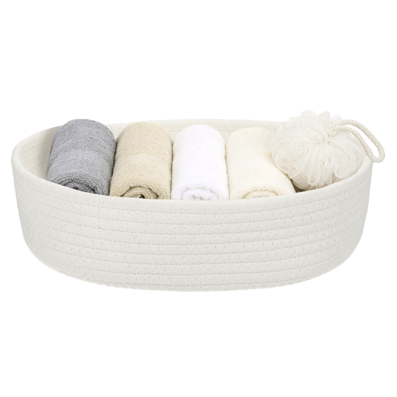 sourcing map White Small Cotton Rope Woven Storage Basket, Cute Mini Tiny Oval Organization Storage Bins Shelf Closet for Nursery Living Room Bedroom Shelf, Empty Gift Baskets, 10.2x3.2"