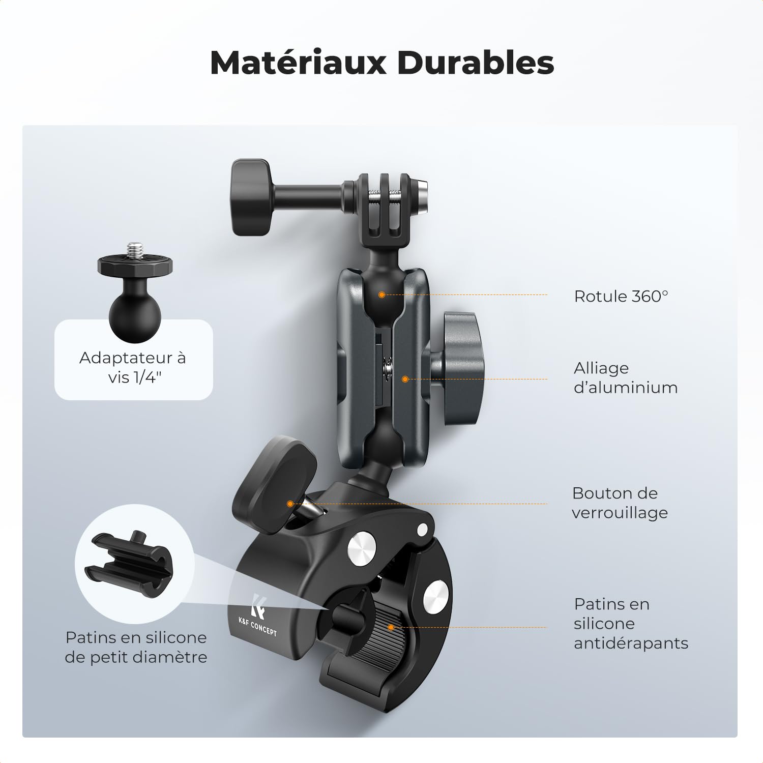 K&F CONCEPT Support Super Pinces pour Caméra avec Double Tête à Sphère 360°, Support pour Guidon de Vélo ou Moto, Compatible avec GoPro Hero 13/12, Insta360 X5/X4, Osmo Action 5, Pocket 3