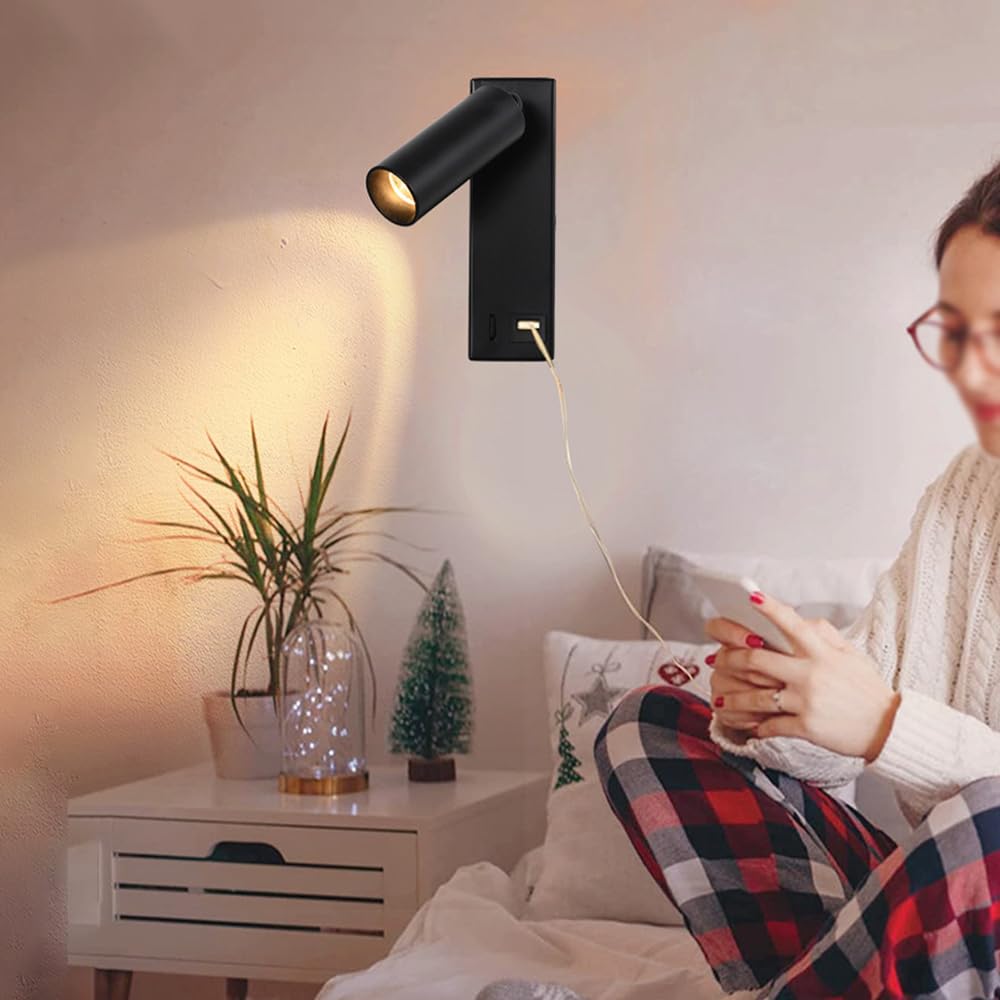 Mjsdjof Bedroom Reading Wall Lamp, Headboard Wall Mounted Spotlight with USB Port and Switch, 3W LED Adjustable Wall Sconces for Hotel Bedside Living Room - 3000K Warm White Light