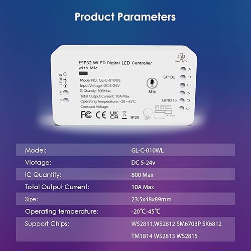 Miniatura 9 de Ericsity Controlador de tira de luz LED WLED con micrófono, controlador LED direccionable RGB RGBW WS2812B SK6812 WS2811 TM1814 WS2813 WS2815 5-24V