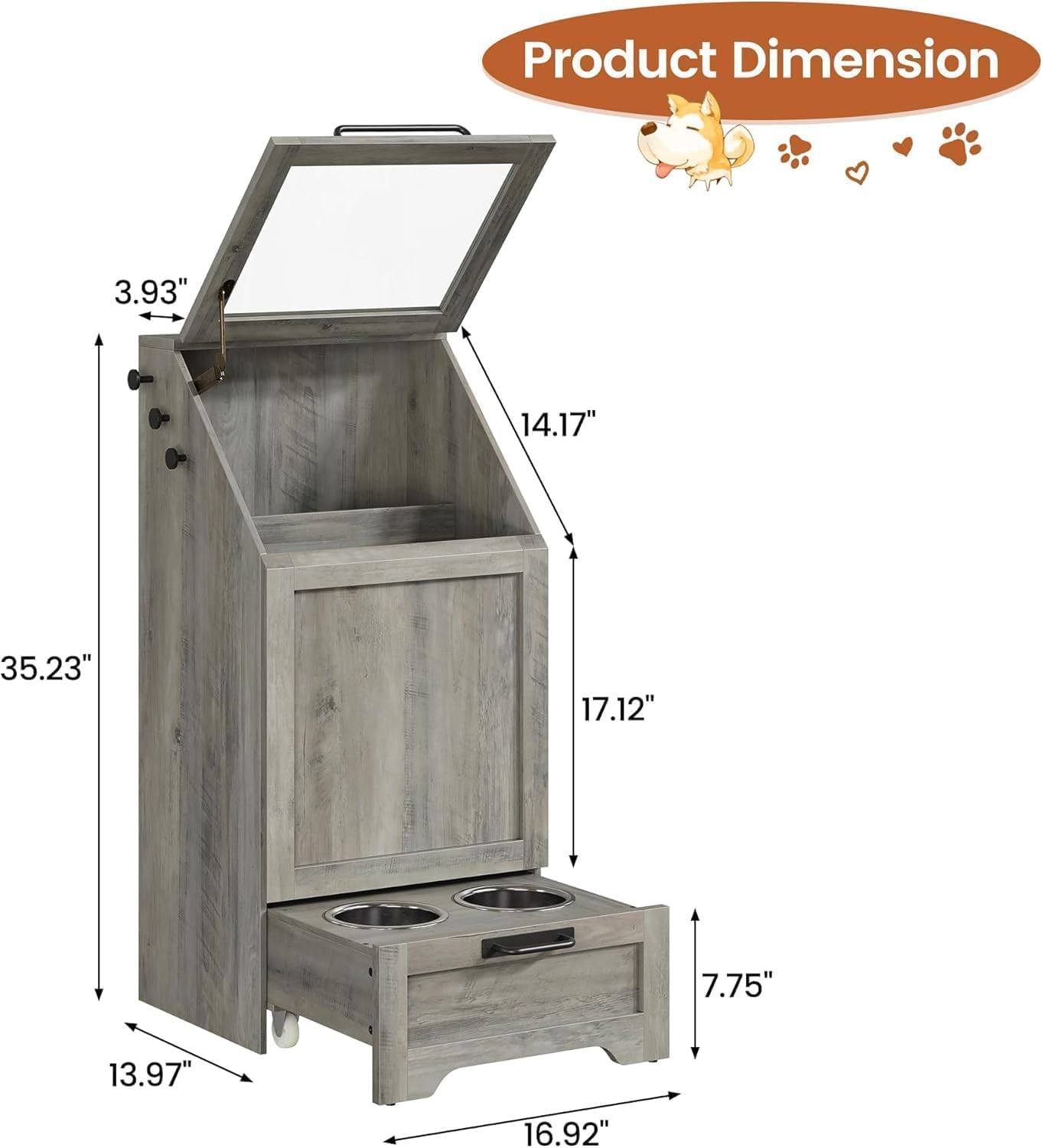 Station d'alimentation pour Chien, Meuble d'armoire Alimentaire avec 2 gamelles surélevées pour Chien, Couvercle Rabattable, Grand Espace pour Nourriture Et Jouets–Meuble en Bois élégant