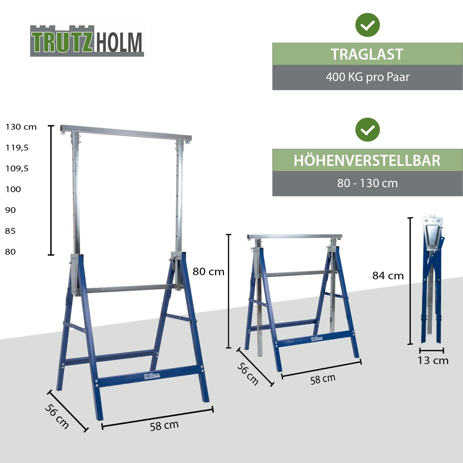 TRUTZHOLM Arbeitsbock 2x 7-fach höhenverstellbar 80-130 cm bis 400 kg Stahl verzinkt lackiert blau Klappbock Gerüstbock Unterstellbock