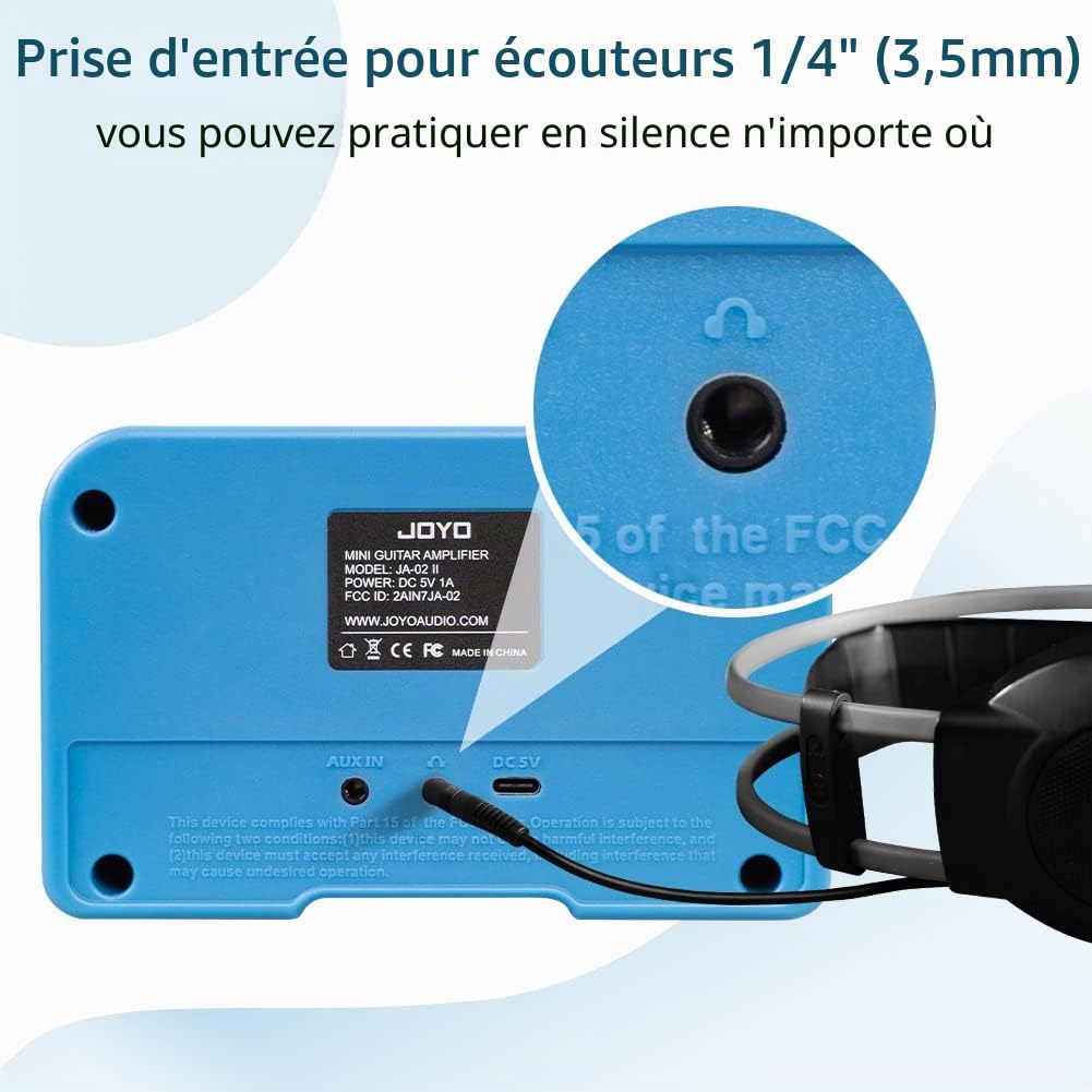 JOYO Mini Amplificateur Combo Guitare 5W Bluetooth Rechargeable - pour Entraînement avec Casque, Canaux Clean & Overdrive (JA-02 II Bleu)