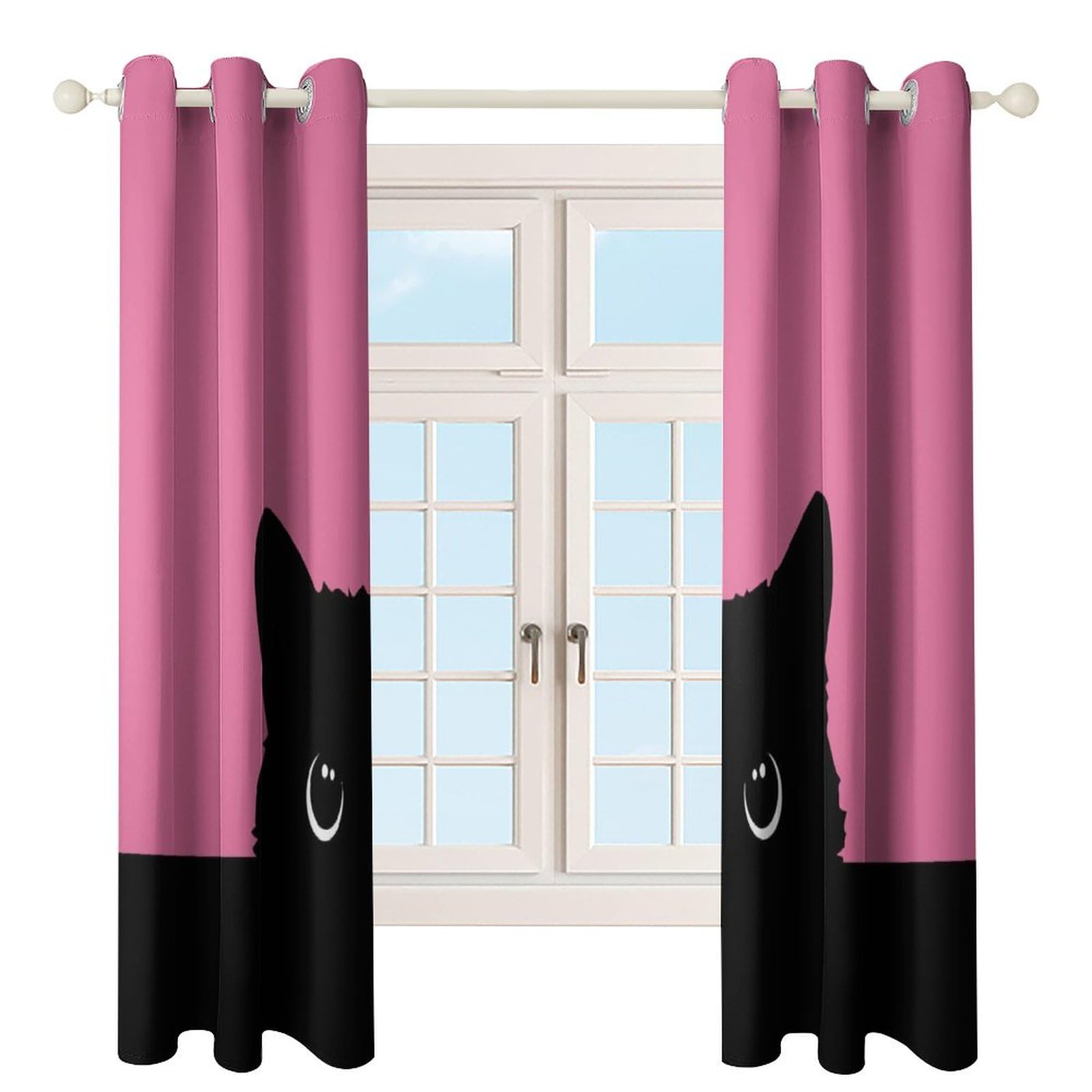 Amazon｜カーテン ピンク 黒 かわいい猫 【ポリエステル 遮光 1級