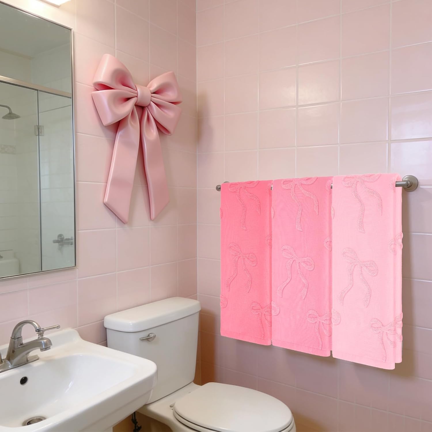 Whaline 3Pcs Valentine's Day Pink Bow Hand Towel 3D Jacquard Cotton Towel Absorbent Coquette Dish Towels for Home Kitchen Bathroom, 13.8 x 29.5 Inch
