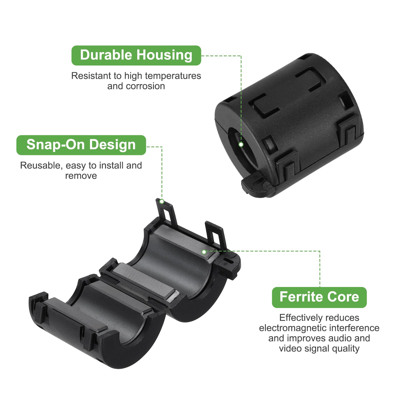 sourcing map Lot de 4 anneaux en ferrite à clipser, filtre anti-bruit RFI EMI pour câbles de données audio vidéo USB de 16 mm, pour réduction des interférences, noir