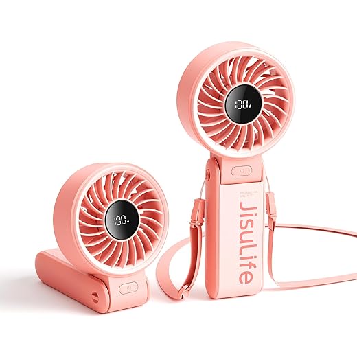 JISULIFE Handheld Fan Life7 – Ultimate Flexibility: Wide & Strong Airflow, 13H Max Cooling, 3600mAh Rechargeable, 5-Speed, LED Display, 3 IN 1 Portable Fan for Travel, Concerts, Sports Events(Pink)
