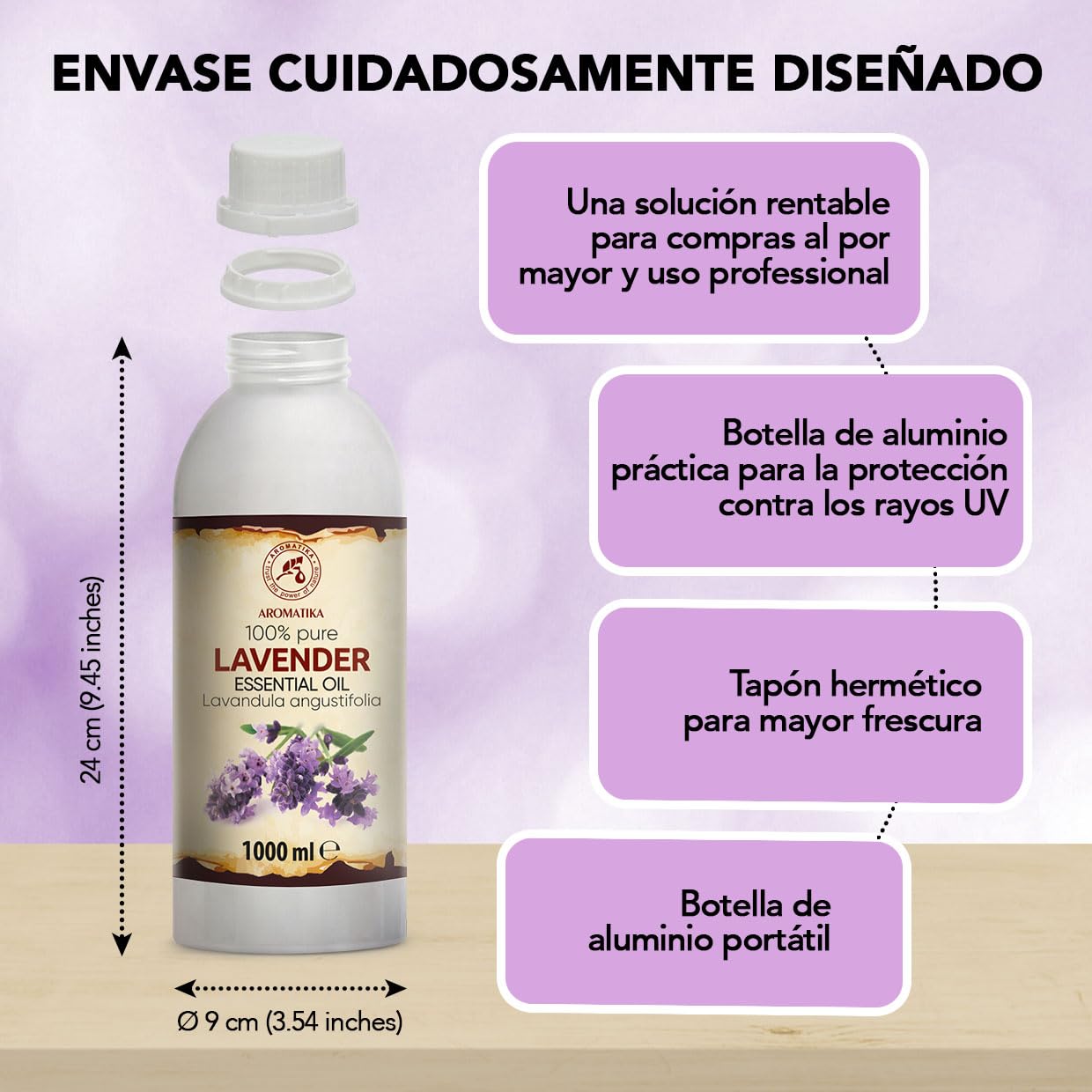 Aceite Esencial de Lavanda 1000ml - Lavandula Angustifolia - Aceites Esenciales Natural para Difusor - Calmante - Relajación - Cuidado Piel - Cuidado de Ropa - Protégé y Refrescas Prendas