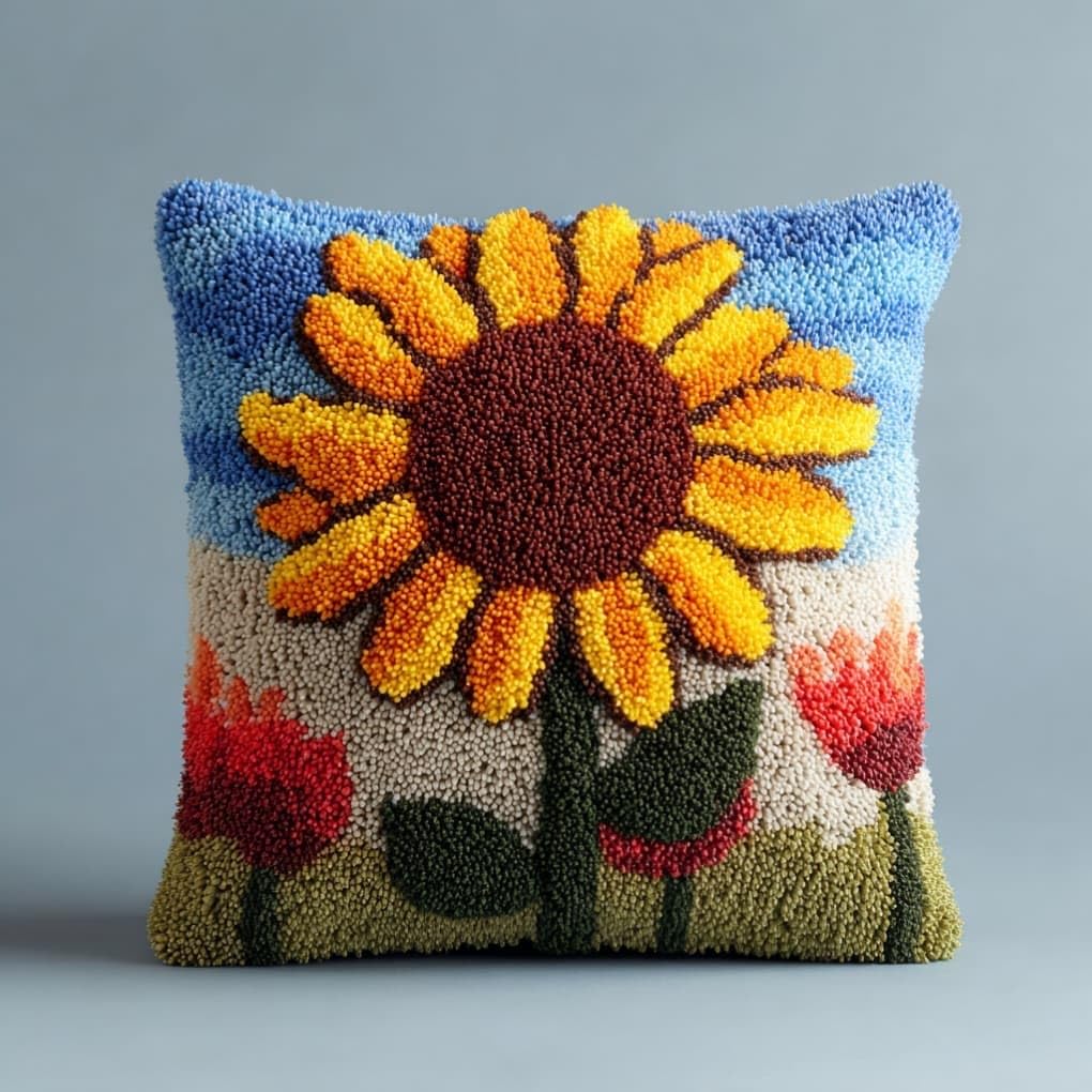 Taxpy Latch Hook Cushion Kits Sunflower Pillowcase Kits Embroidery Kit 17X17 Inch DIY Needlework Pillow Cover Sofa Cushion Rug Making