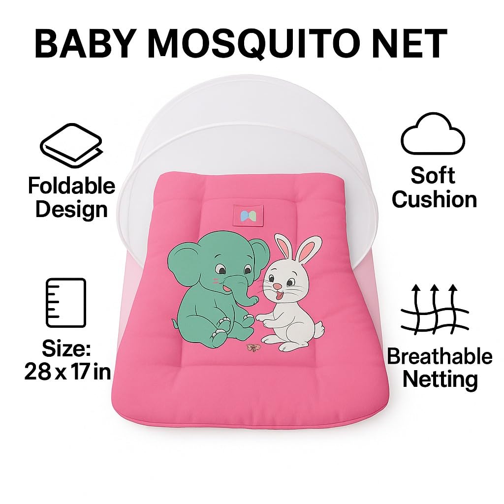 ink craft Baby Bed with Mosquito Net | Cotton Portable New Born Baby Bedding Set, Travel Friendly Insect Zip Protector, Sleeping Baby Playmats (Pink, Elephant) 1