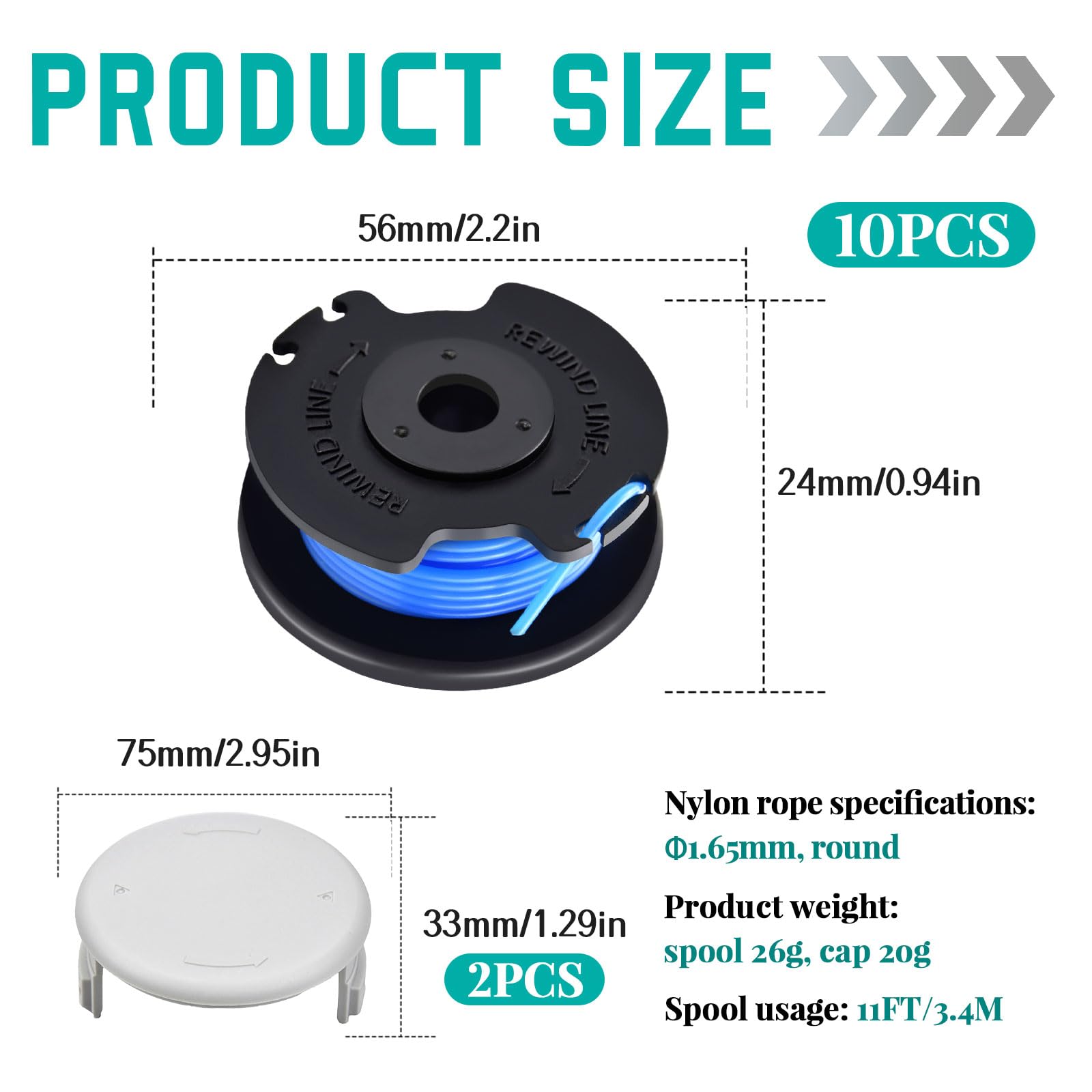 Viilich 10pcs Strimmer Spool Compatible with Ryobi One + AC14RL3A OLT1823 OLT1832 Rac124,1.6mm Autofeed Strimmer Line Compatible with Ryobi 18V 24V 40V Strimmer,2pcs Replacement Spool Cap AC14HCA - Image 2