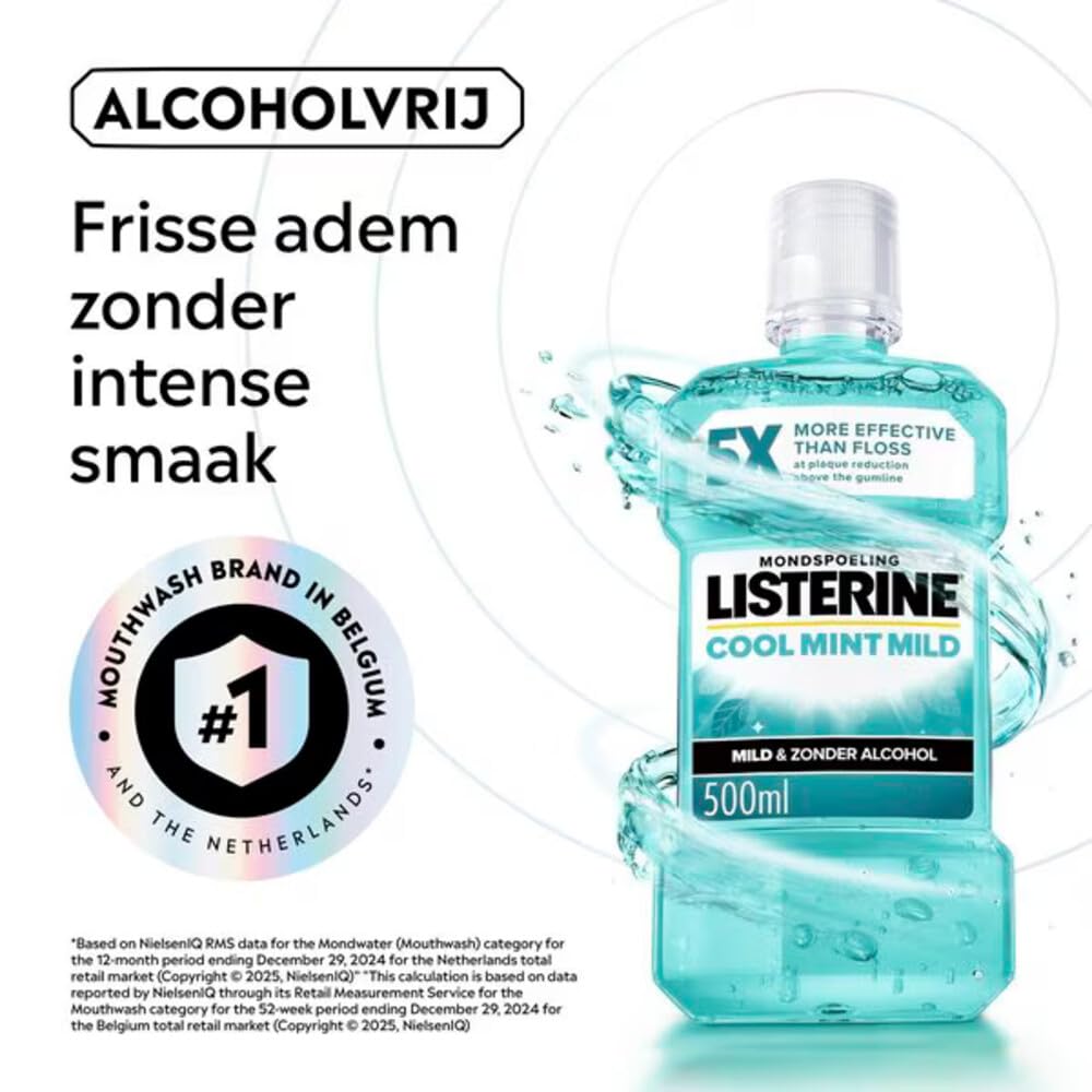 Listerine Cool Mint Extra Milde Smak, płyn do płukania ust bez alkoholu z olejkami eterycznymi, pomaga w usuwaniu bakterii i zapewnia długotrwały świeży oddech, 6 x 500 ml