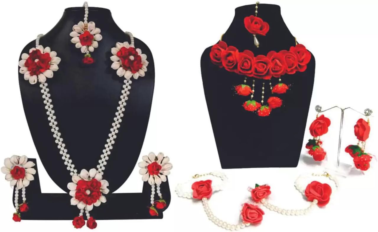 STYLE REVOLVER Women`s Necklace, Earring & Maang Tikka Set For Haldi, Mehndi, Sangeet, Godbharari, Maternity Shoot(FK_red DC and red fabric jewel) (B0C81JC188) Amazon Price History, Amazon Price Tracker