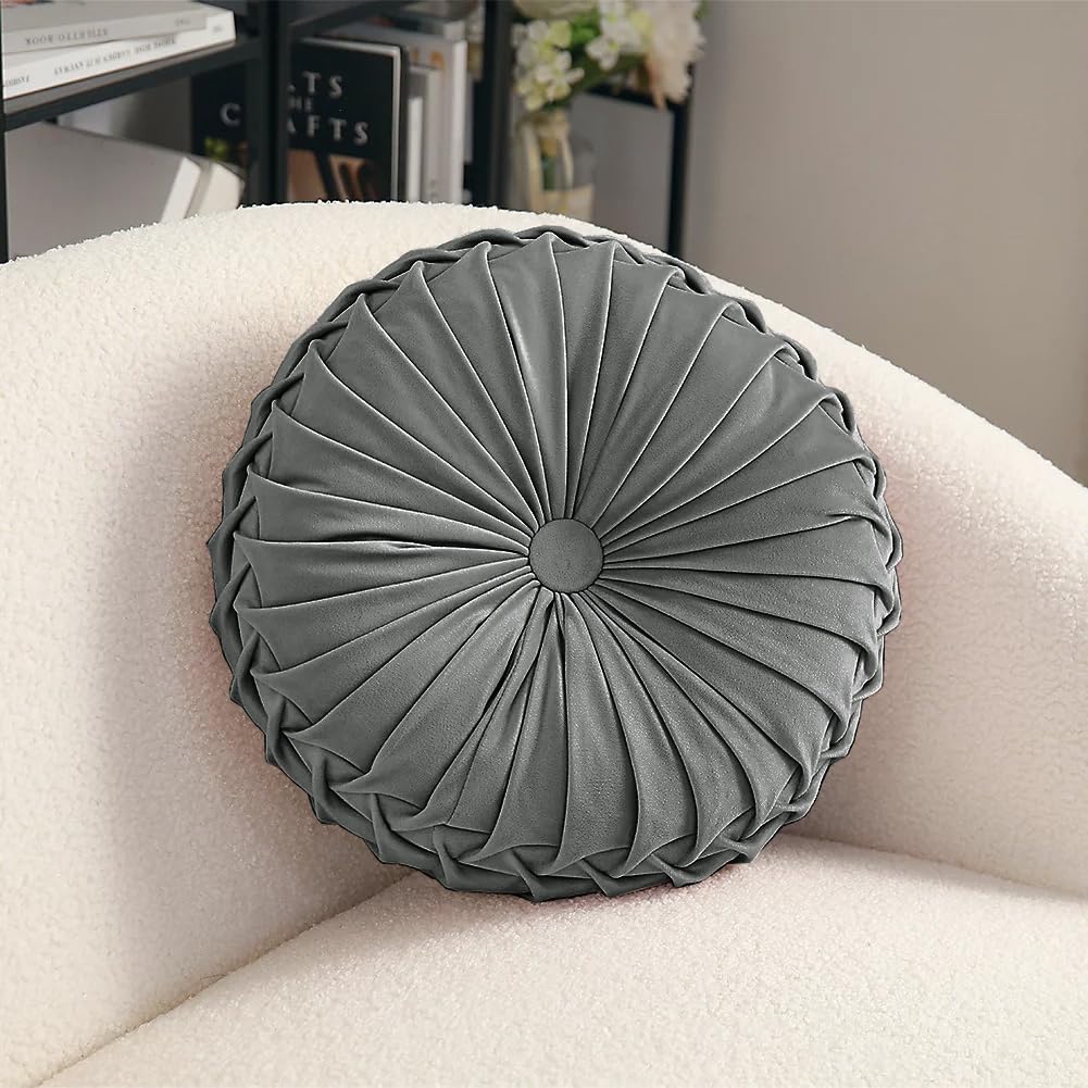 Hand Made Decorative Velvet Round Shape Smocking Cushion | Throw Pillow - Pack of 1 | 12 x 12 Inch (Grey)-image-17