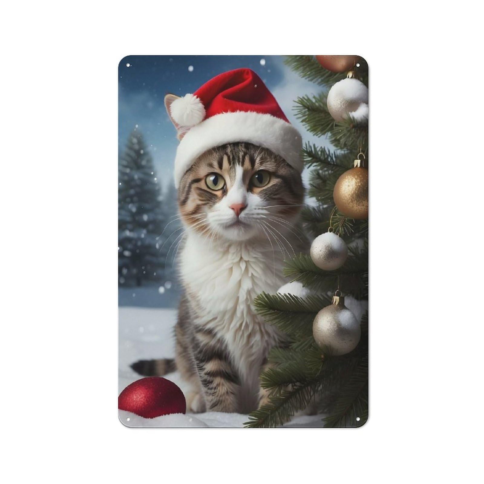 Junmoney Cat Santa Hat Xmas Rustic Tin Sign 30X20cm For Living Room Or Hallway, Suited To Living Room Decor Lovers