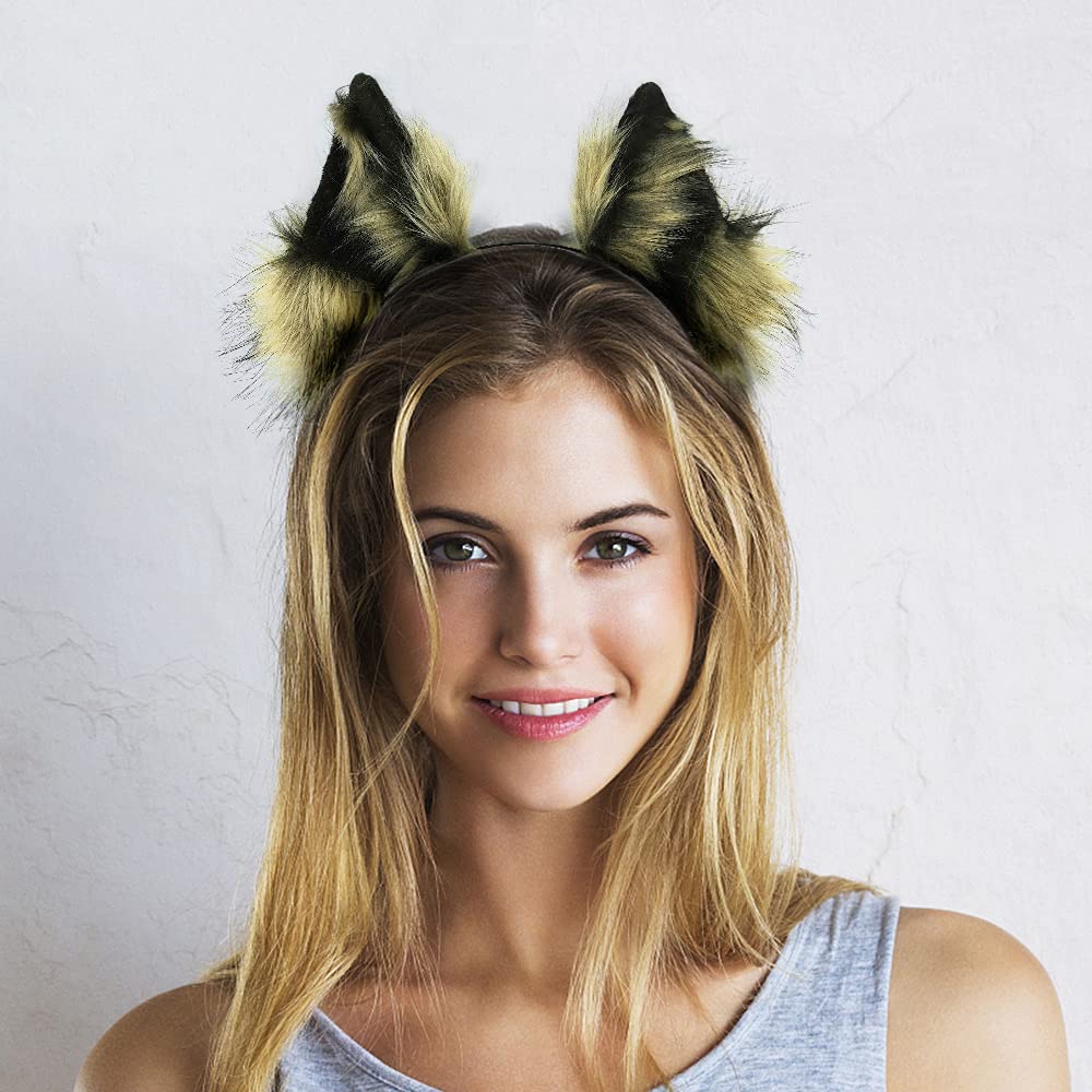 Cat Wolf Fox Dog Ears Headband Handmade Faux fur Cosplay Halloween Costume Party: Black+brown