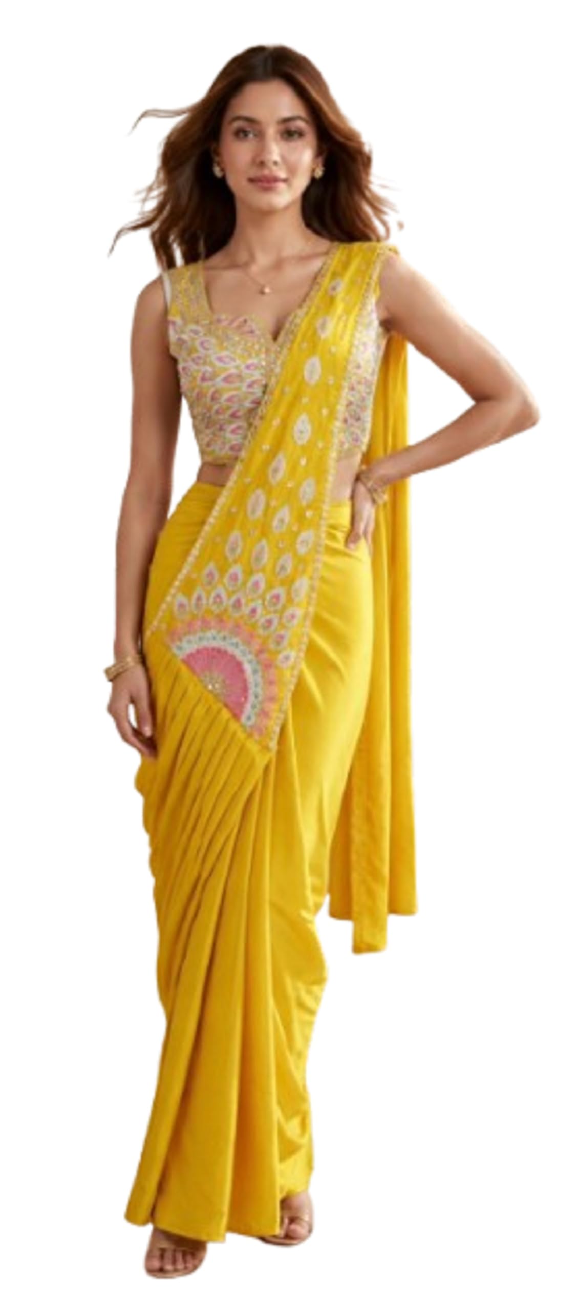 Saree For Women Ready to Wear Crepe Silk Saree with Embroidered Jacket and Blouse | Designer Saree Set Wedding New Jacket Koti Yellow-picture-53