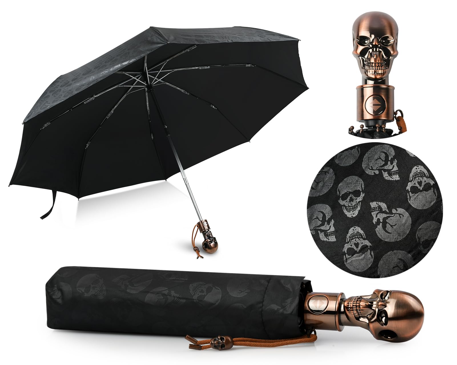 UV Umbrella Skull Parasol Folding Umbrella Automatic Open and Close Sun Umbrella for Walking with Black Anti-UV Rubber Layer