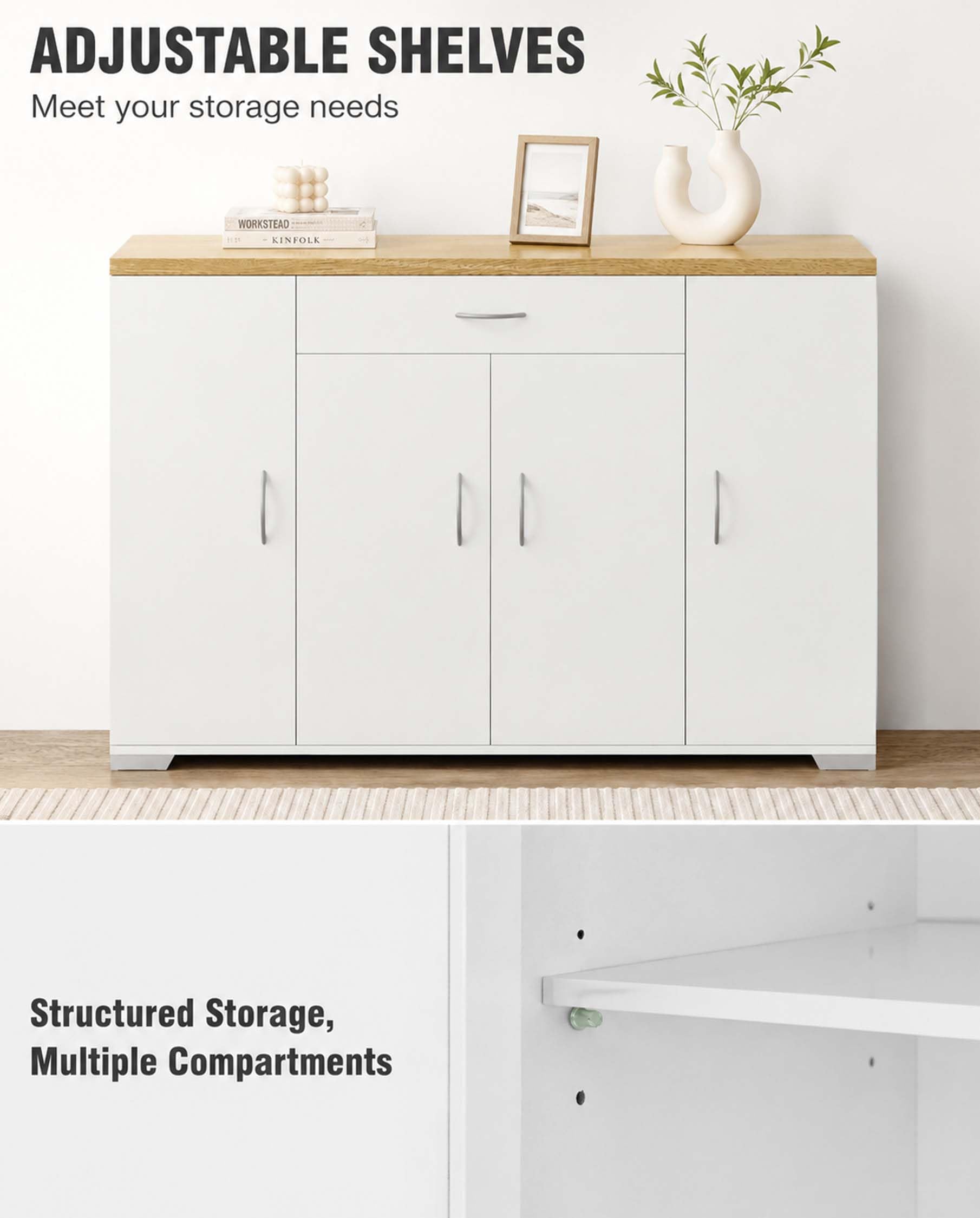 hitsuki Credenza Cucina Bianca 110 x 30 x 70 cm Mobiletto Cucina Salvaspazio Mobile Dispensa Cucina con 4 Ante e 1 Cassetto Madia Mobile da Cucina per Soggiorno Ingresso Corridoio