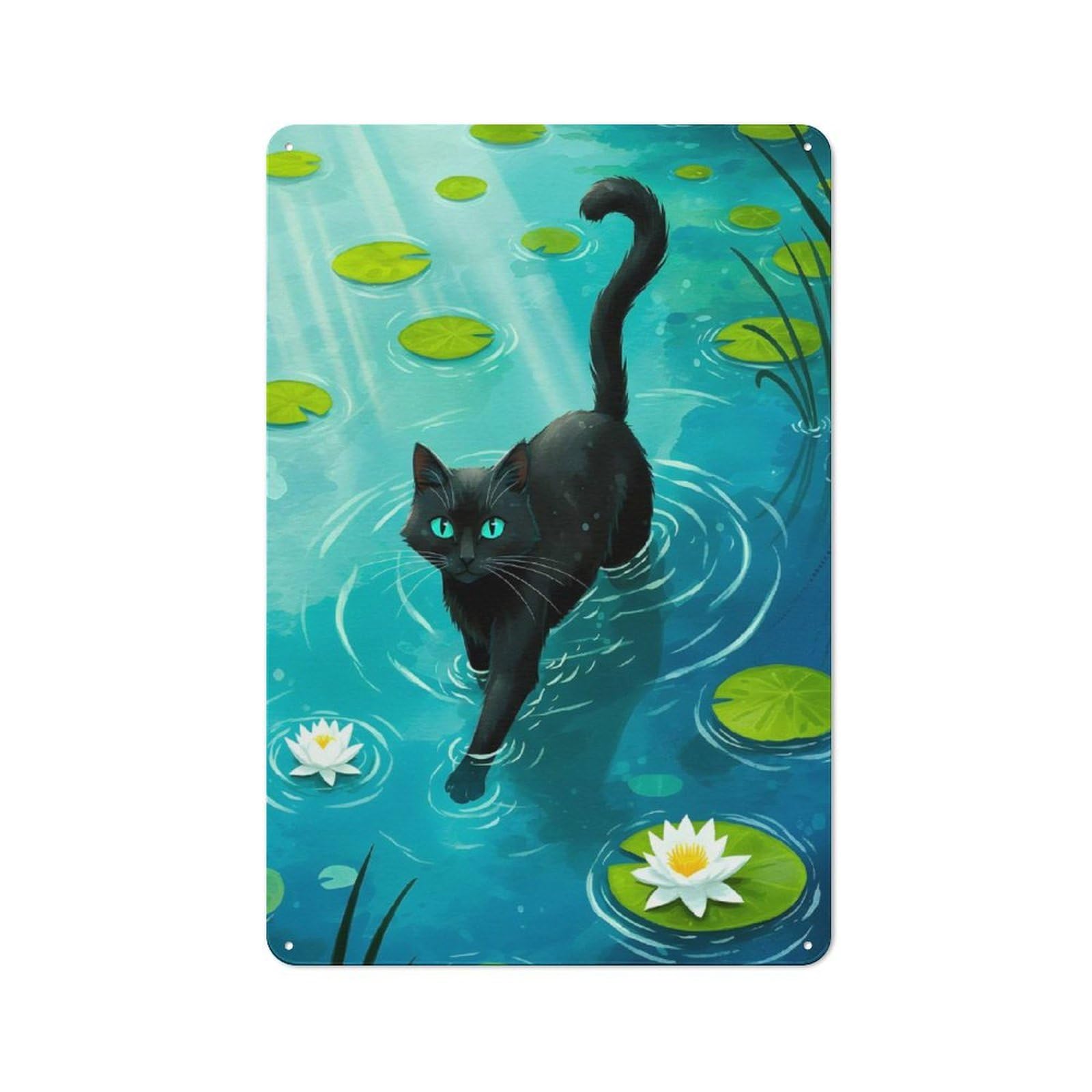Rustic Black Cat in Lily Pond Tin Wall Plaque 30x20cm, Rustic Kitchen Decor for Cottage, Kitchen, Hallway Or Breakfast Nook