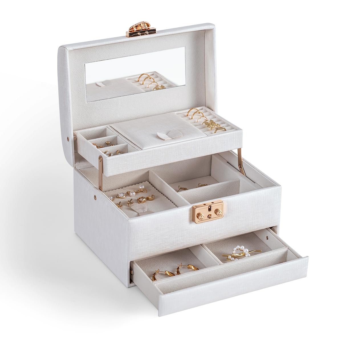 CASEGRACE Jewelry Box 3 Layers Leather Jewelry Storage Box with Lock Mirror Jewelry Storage Case for Necklaces Earrings