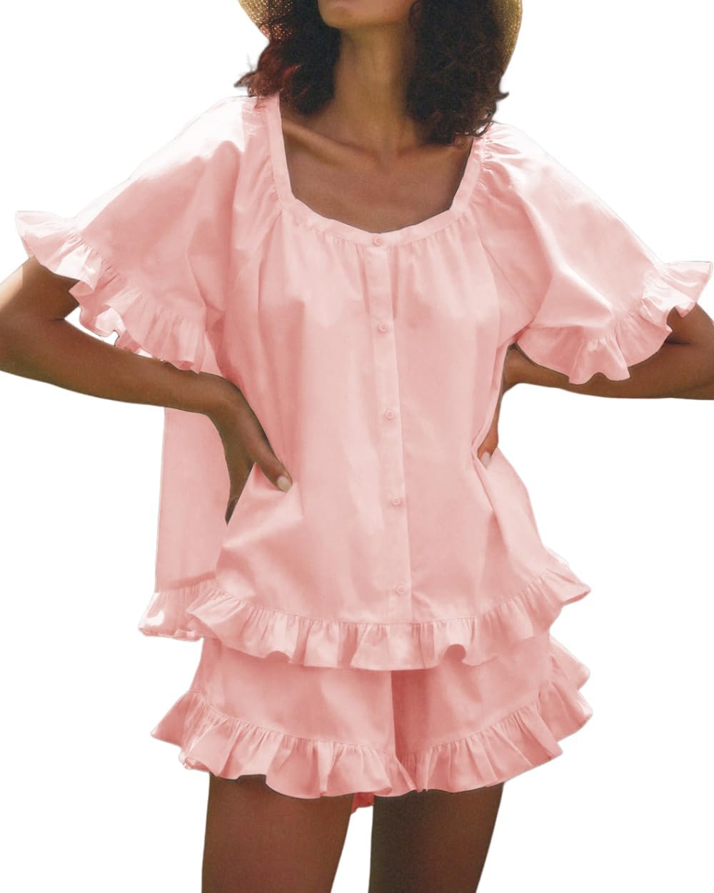 Womens Fashion Summer Short Sets Short Sleeve Button Down Ruffle Trim Top and Shorts Cotton Pajama Sets