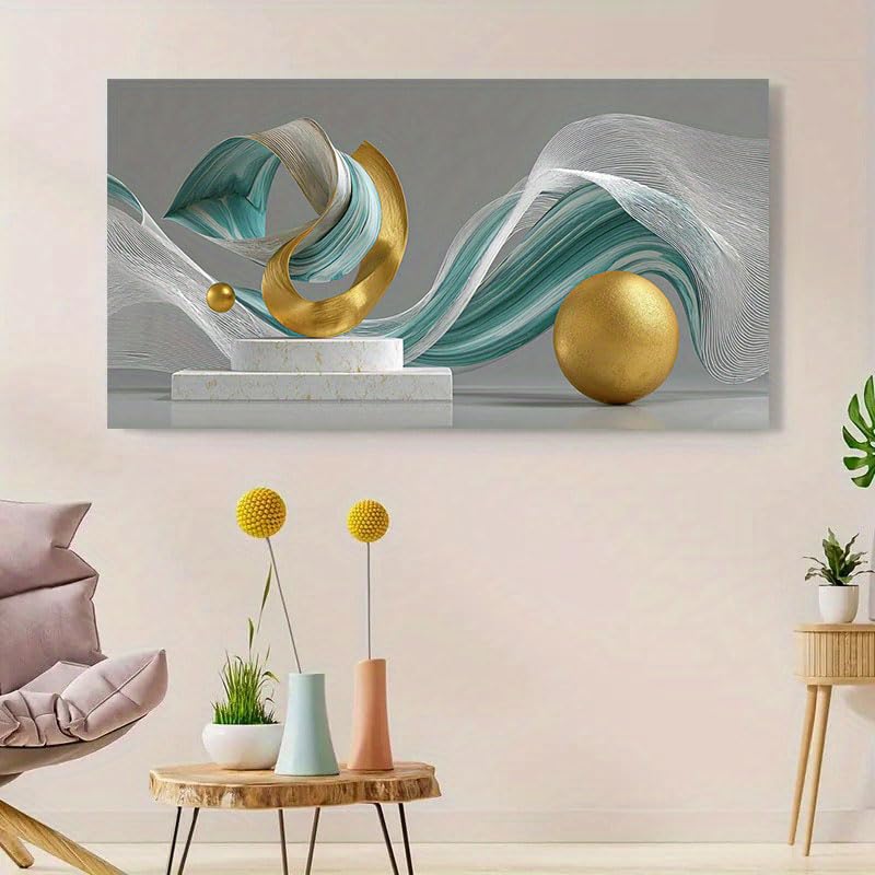 Cuadro abstracto moderno con formas onduladas, esfera dorada brillante y efecto mármol 2