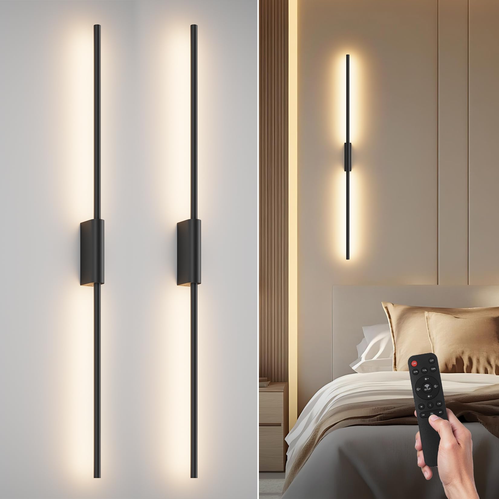 Coinmit 2 Stück LED Innen-Wandleuchte mit Akku Schwarz, Touch, Fernbedienung mit Timer & Schalter 100cm 9W, Dimmbare Batteriebetriebene Wandlampe für Wohnzimmer, Schlafzimmer und Flur