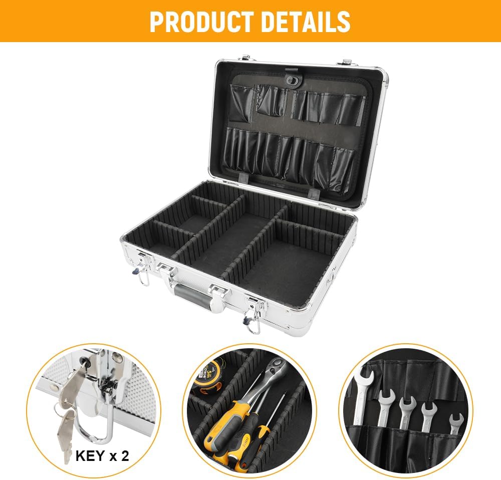 Hoteche Aluminum Tool Box for Truck and Trailer 17x12x5 Inch with Round Corners and Aluminum Edge Guards Includes Compartments Tool Holders and Shoulder Strap Durable Double Wall Corrugated Design image 4
