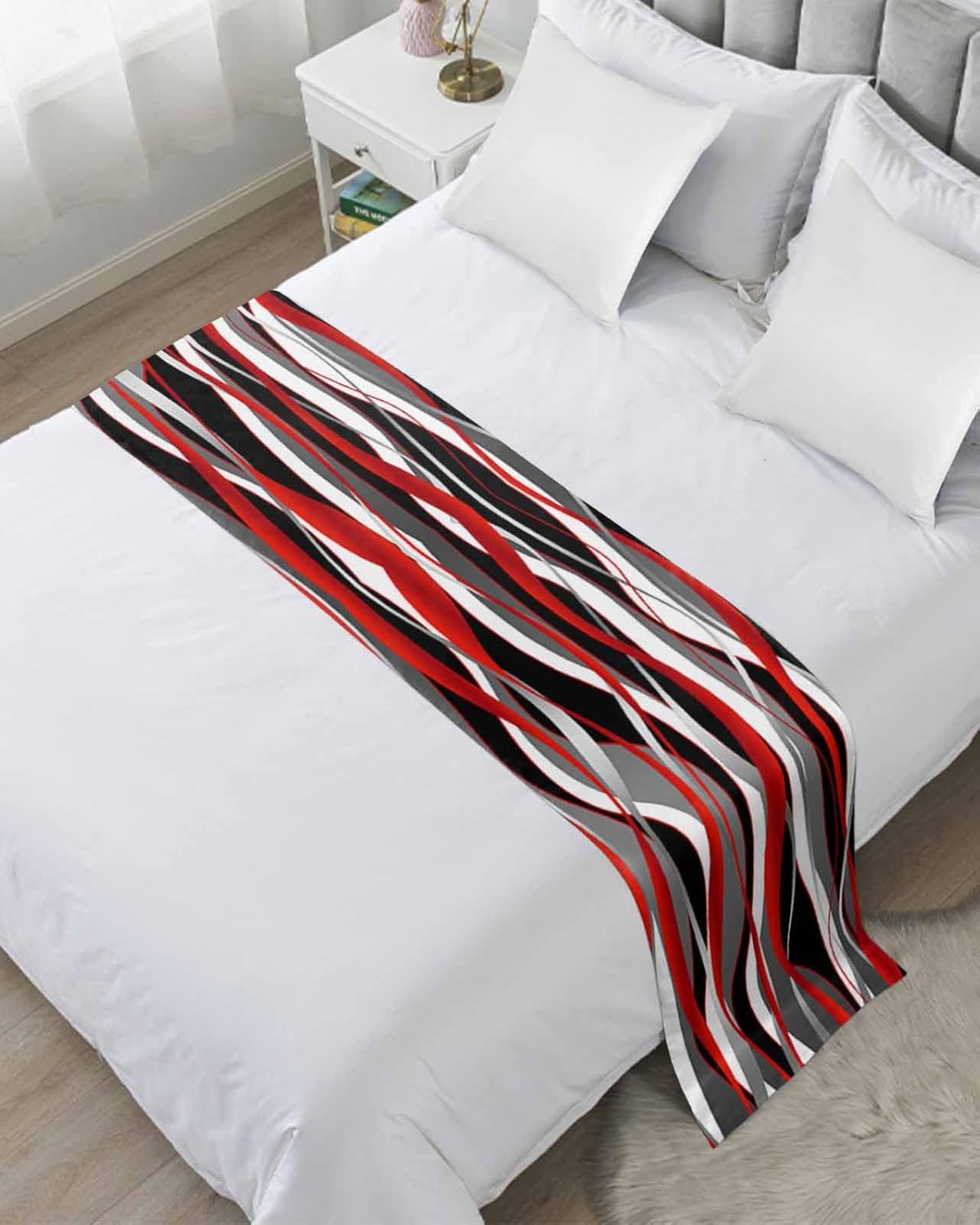 Smile Sunflower Bed Runner Scarf 3D Abstract Red Gradient Lines Bedding Scarf Decorative Bed Runners Cover for Home Bedroom Hotel Wedding Room Bed Scarf for Foot of Bed King 102x20in