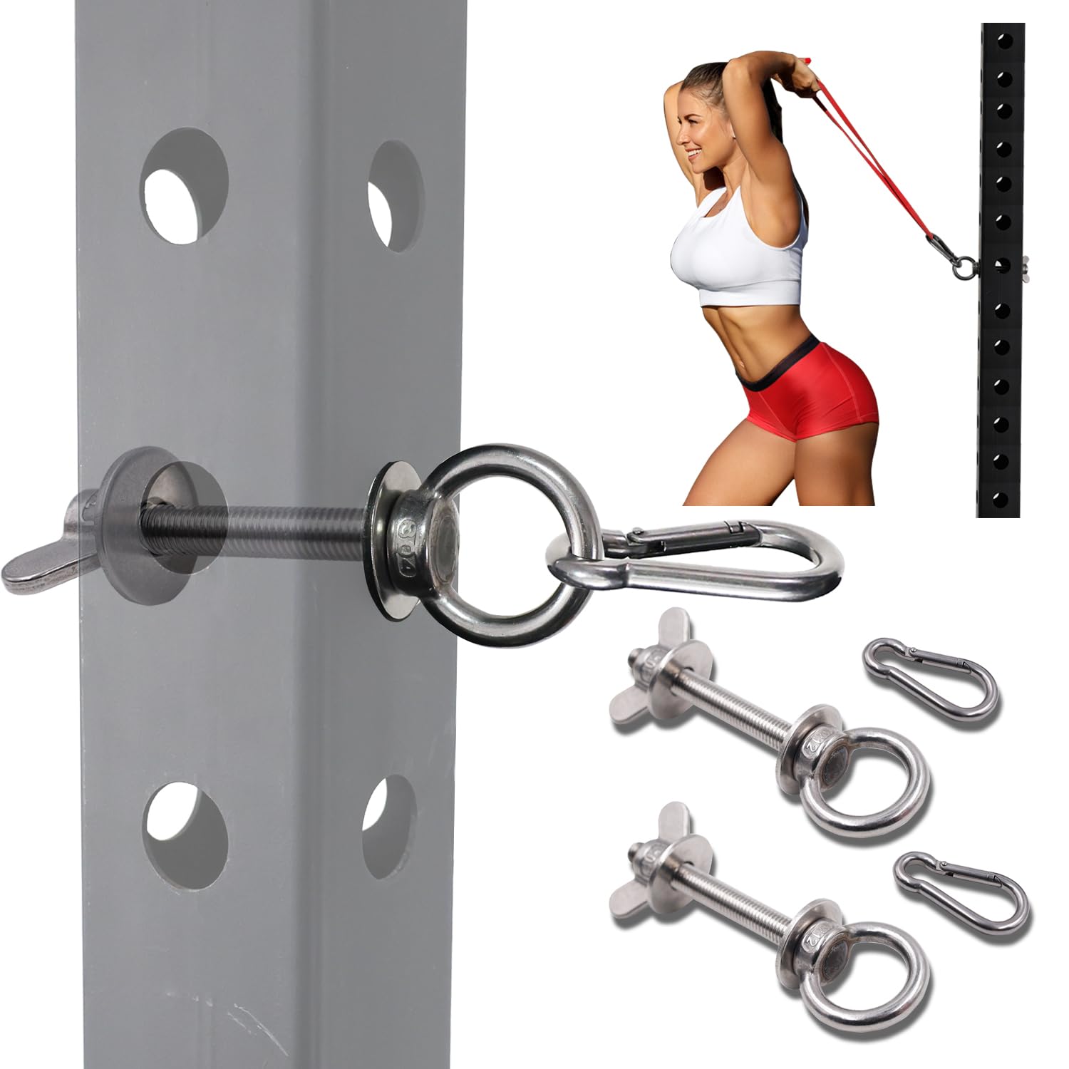 Lights Mountain Universal Power Rack Attachment Holder - Stainless Steel M12 Eye Bolt & Carabiner Set for Cable Machine Attachments, Gym Accessories, Resistance Bands, Fits 5/8” to 1” Rack Holes