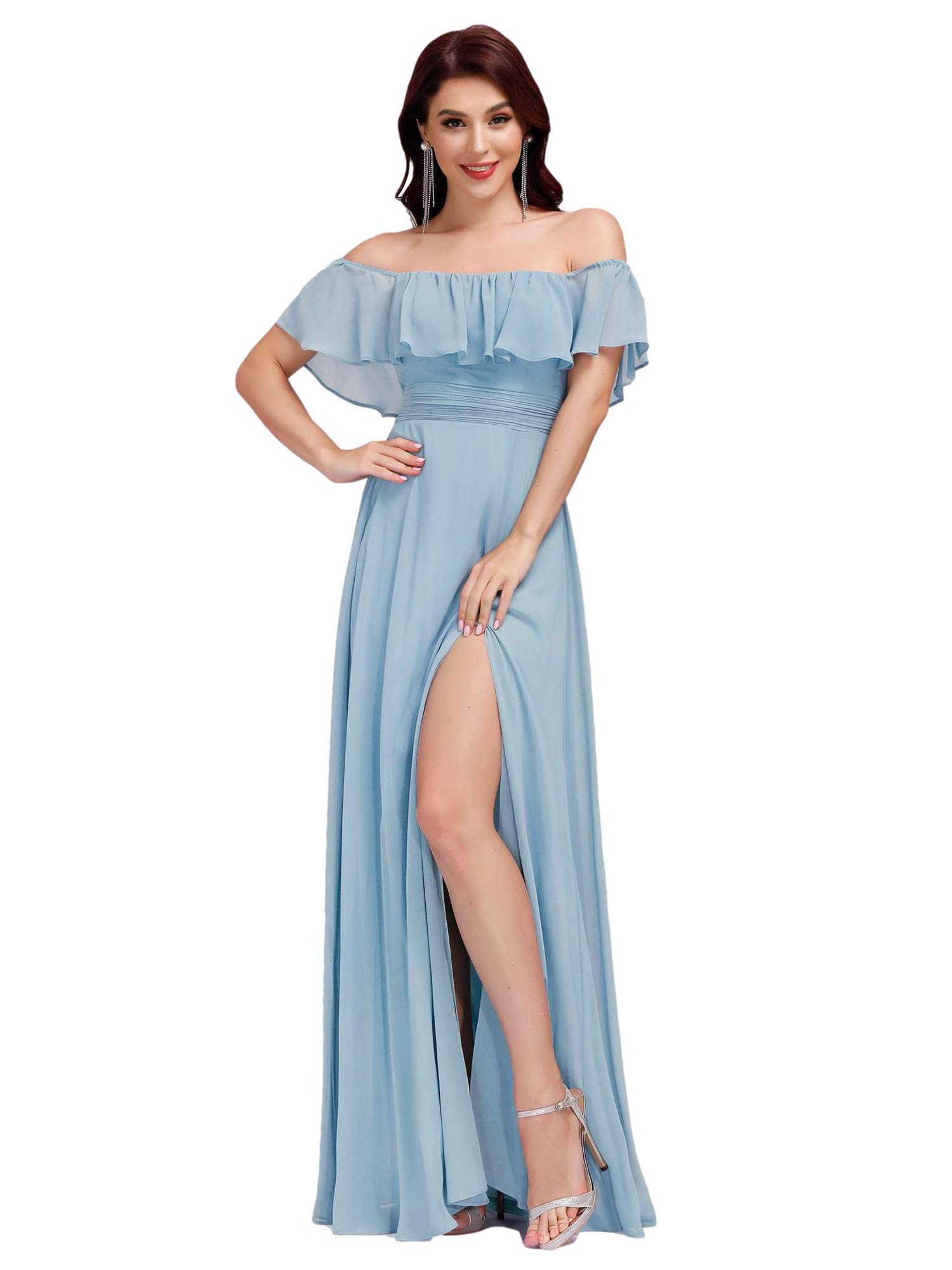 Ever-Pretty Femmes Col V Dentelle Tulle Paillettes Longues Volants Plis Manches Courtes Robes de Soirée Formelles EP00734