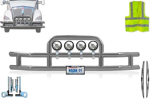 Compatible con Kenworth T680 2012-2021 Rejilla de parachoques delantero, cepillo de ciervo, protector de alce, redondo, 4 luces LED de 6 pulgadas,