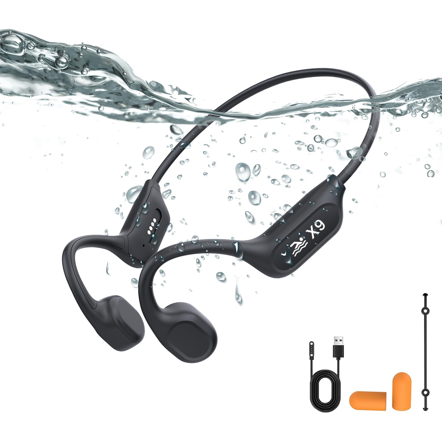 Casque de natation à conduction osseuse Bluetooth V6.0 IP68 MP3 32 Go Noir