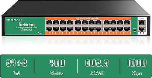 Switch Gigabit PoE de 24 puertos con 2 puertos Ethernet Gigabit de enlace ascendente, 400W, no administrado, montaje en rack de 19 pulgadas, VLAN,