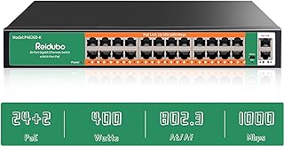 Reidubo 24-Port Gigabit PoE Switch with 2xUplink Gigabit Ethernet Ports, 400W, Unmanaged, 19-inch Rackmount,VLAN, 802.3af/at, Fanless Silent Operation Compatible with AP WiFi6, PoE Cameras