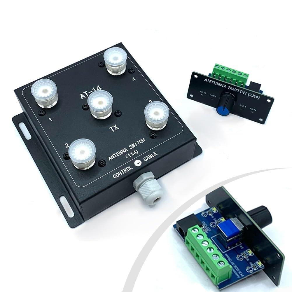 AT-14 Interrupteur coaxial à 4 voies pour antennes 1,8-60 MHz 500 W PEP avec 4 entrées et 1 sortie, commande +12 V, connexion SO-239, faible perte de signal