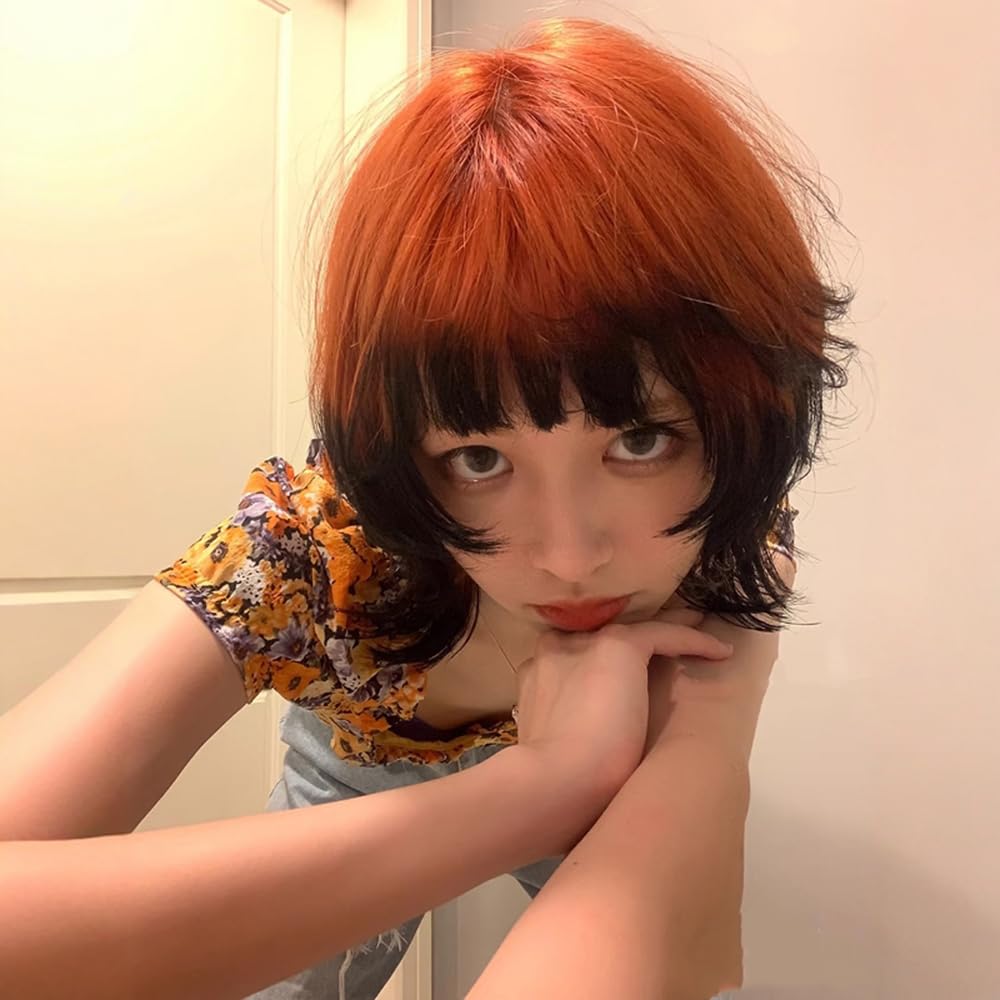 Lolita Mullet Wig Orange Black Ombre Wig with Bangs Japanese JK Medium Length Hair for Cosplay Party (Orange Black) image 2