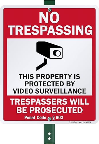 Miniatura 1 de SmartSign Letrero de 12 x 10 pulgadas, "No Trespassing - Propiedad protegida por videovigilancia, código penal  602" con estaca de 3 pies, aluminio