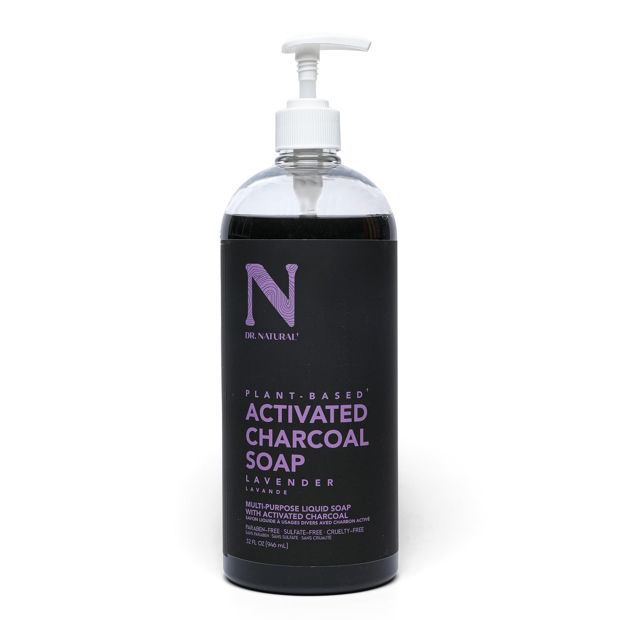 Dr. Natural Jabón líquido de carbón activado, antiacné y manchas, lavado corporal de limpieza profunda, jabón corporal suave para piel clara, lavanda, 946 ml
