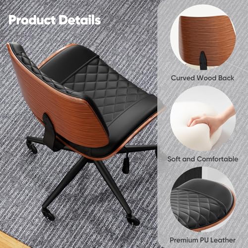 Image of Armless Office Chair with Silent Rubber Wheels, Mid Century Modern Small Desk Chair, No Arms Leather Computer Chair for Home Office, Swivel Vanity Chair, Rolling, Adjustable Height (Black)