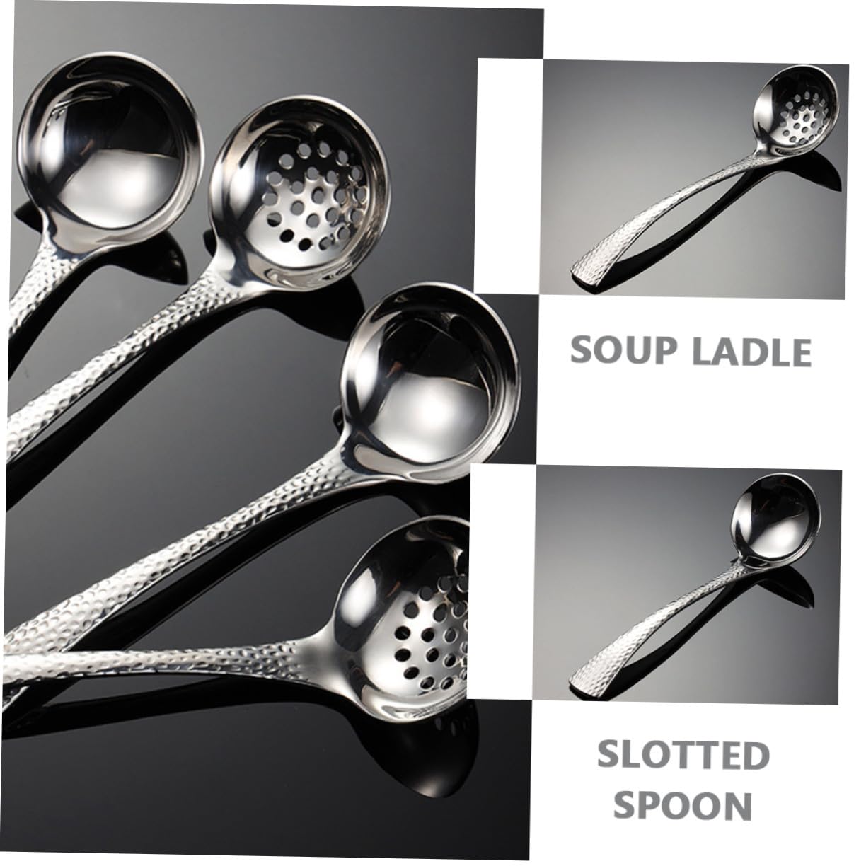 Cucharón de Sopa y Diseño Martillado de Acero Inoxidable 304 Mango Ergonómico 2 Piezas Fácil de Limpiar para Cocina y Restaurantes