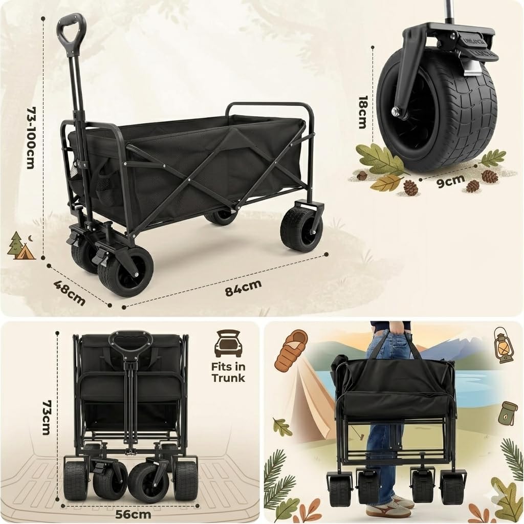 XXL Bollerwagen Faltbar 200L, 160kg Tragkraft, All-Terrain-Handwagen mit Bremsen, extra breite Räder, klappbarer Transportwagen für Strand, Garten & Camping, inkl. Getränkehalter & verstellbarem Griff