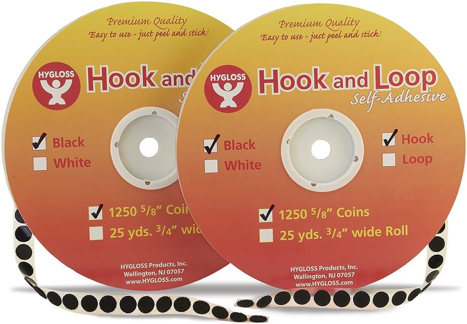Hygloss Products Self Adhesive Coins - 1,250 Hook and Loop Fastener Sticky Dots 5/8 Inch Circles – Black