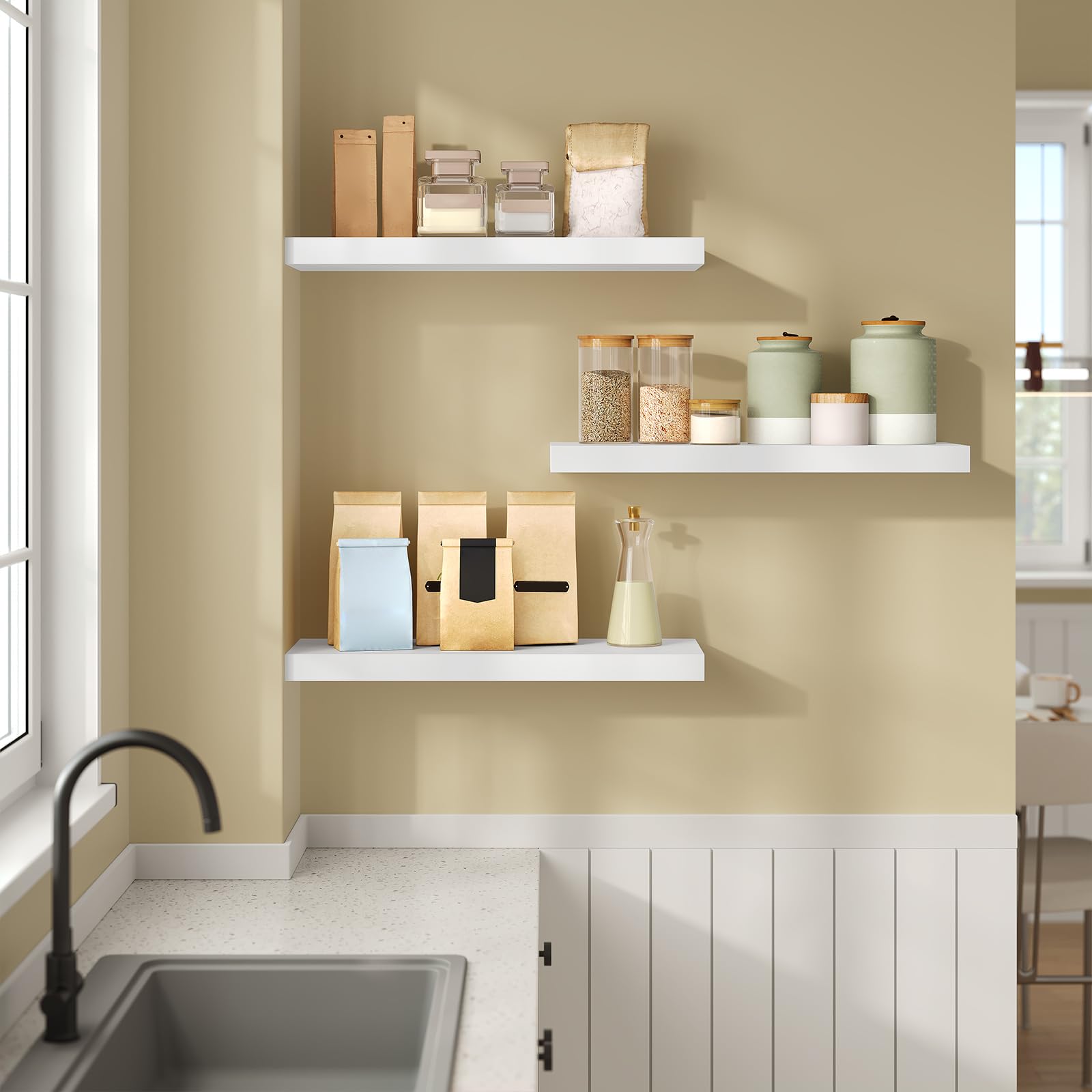 eSituro Set de 3 Estantes Flotantes de Pared Blanco, 50x23x3.8cm | Estanteria madera MDF, decoracion y almacenamiento para cocina, dormitorio y sala, balda facil de instalar, carga 10kg