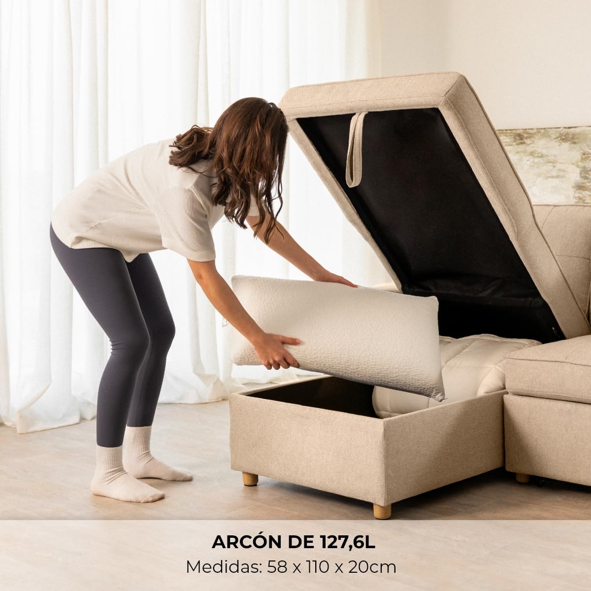 Nalui - Sofa Cama Chaise Longue Haven 213x129x81cm Reversible con Arcón de 127,6L. Sofa de Salon 3 Plazas Convertible en Cama de 122 x 190 cm. Incluye Bolsillos y Tejido 360º, Beige